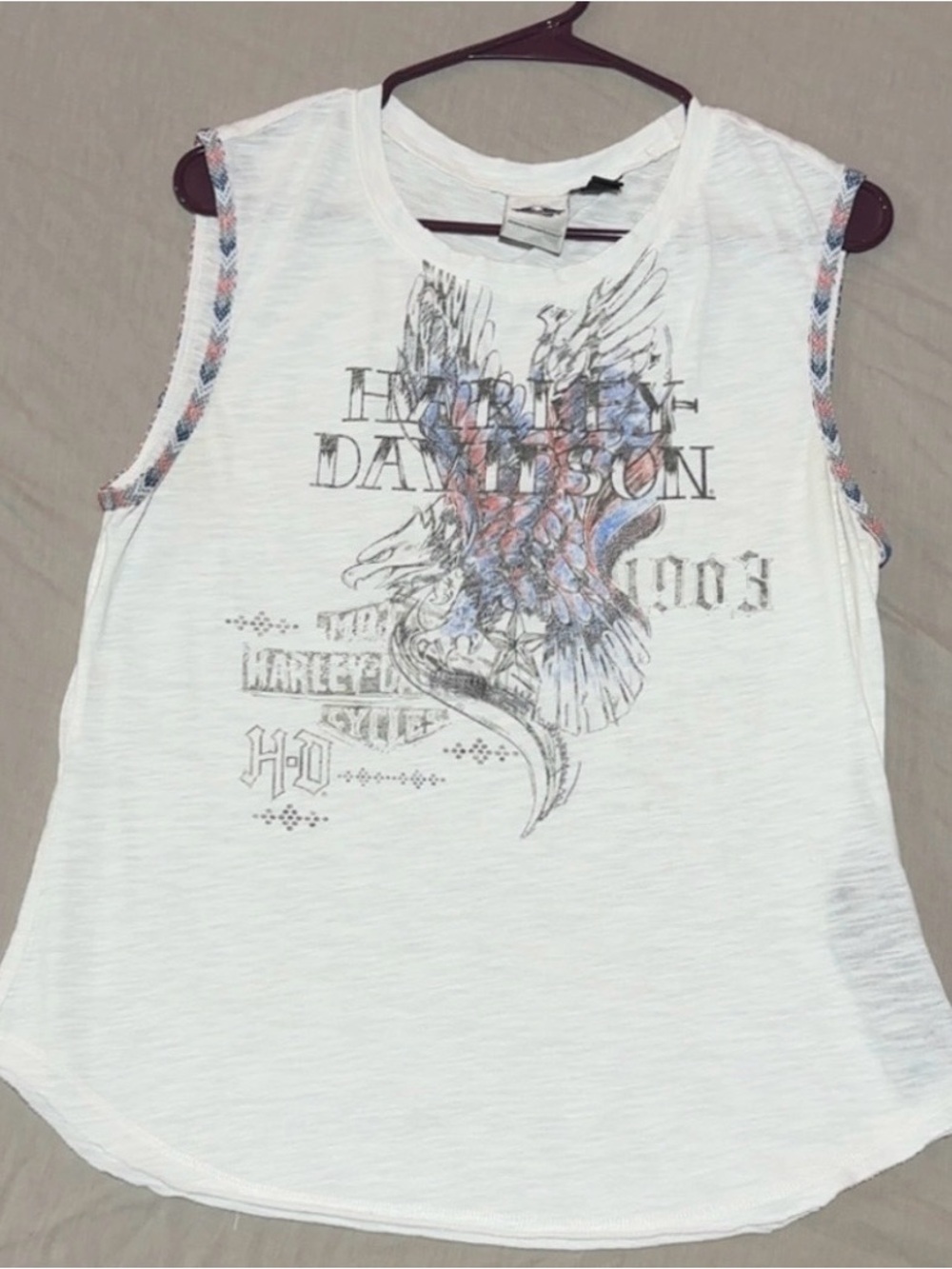 Harley-Davidson White Tank with Faded Multicolor Eagle Graphic